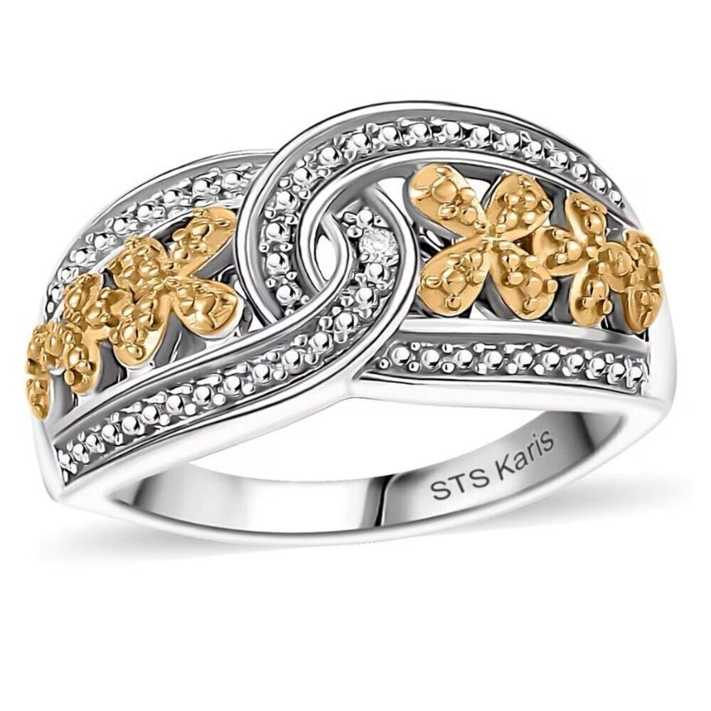 White Diamond Accent Link Ring in 18K YG and Platinum Size 7 New